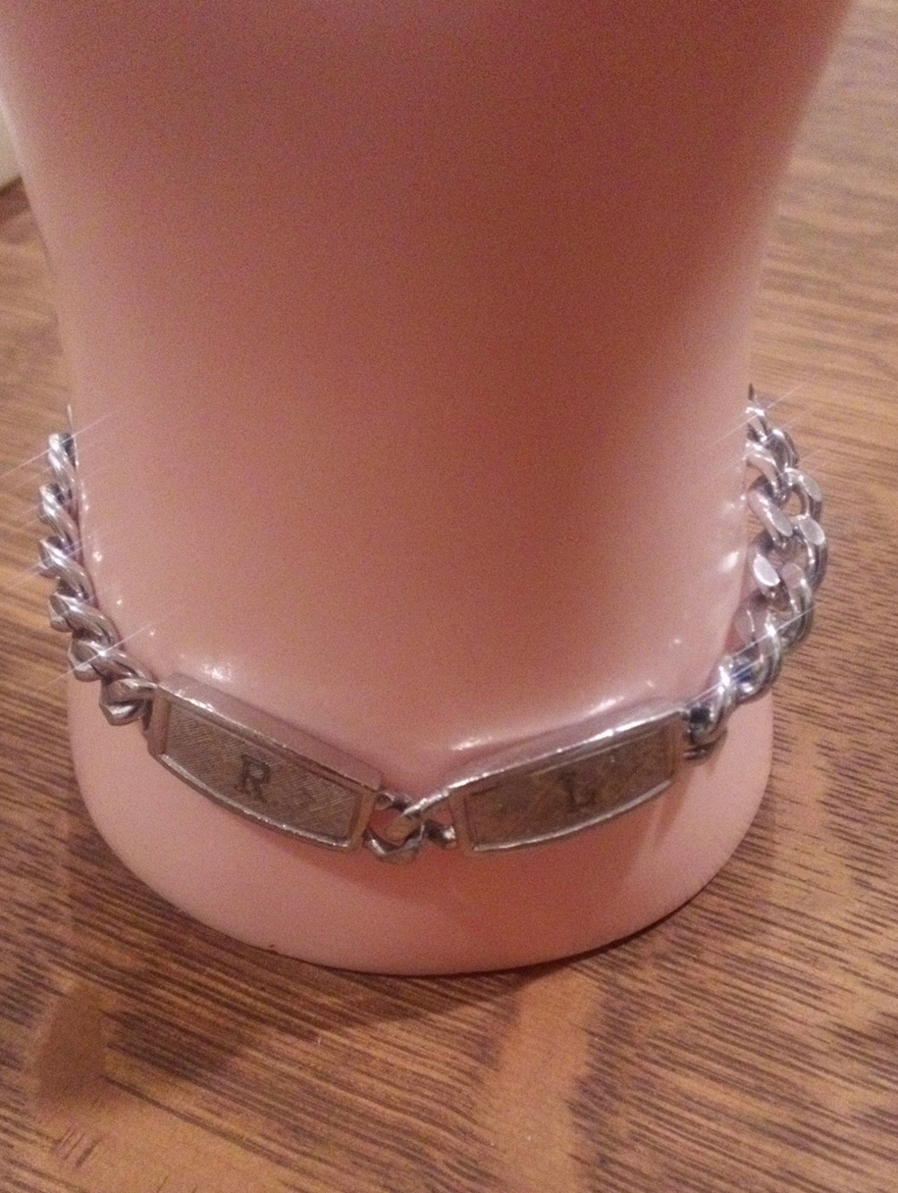 Vintage Silver Tone Curb Chain ID Bracelet with R and L Plaques 7 Inch